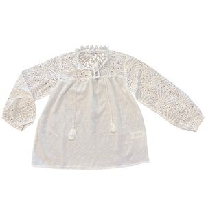 Women's White Blouse NEW Top Swiss Dot‎ Long Sleeve XS Eyelet Sleeves Tassels